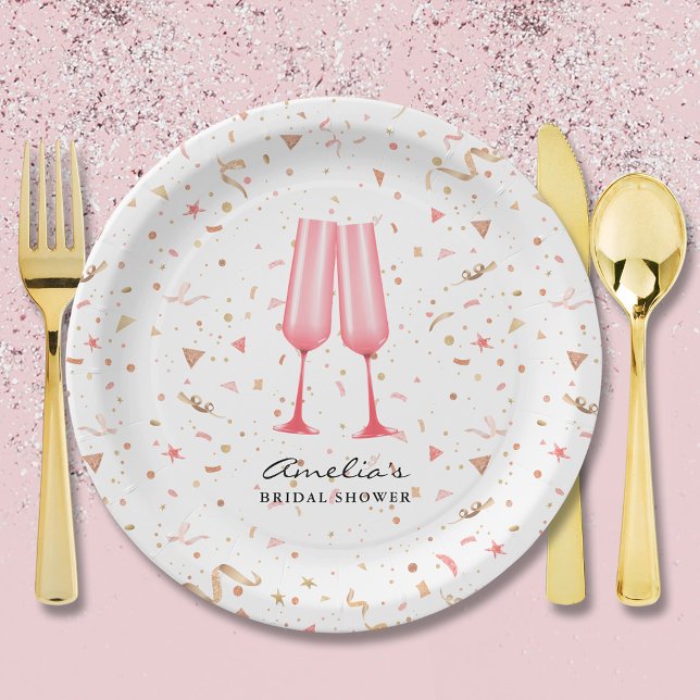 Pink Brunch and Bubbly Bridal Shower Paper Plates (Pink champagne glasses brunch and bubbly bridal shower paper plates)