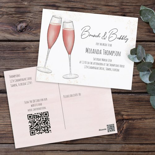 Pink Brunch and Bubbly Bridal Shower QR Code  Postcard
