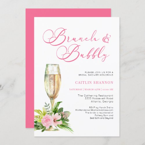 Pink Brunch and Bubbly Floral Bridal Shower Invita Invitation