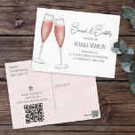 Pink Brunch Bridal Shower QR Code Gift Registry Postcard<br><div class="desc">This design features a watercolor brunch and bubbly bride, a bridal shower wine champagne drinks, a QR code gift registry store, a website URL scannable scan online, a pink simple minimalist minimal design, a trendy stylish calligraphy script font, a champagne flute glass toast bar, a whimsical typography text style, for...</div>