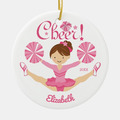 Pink Brunette Cheerleader Personalized Ornament
