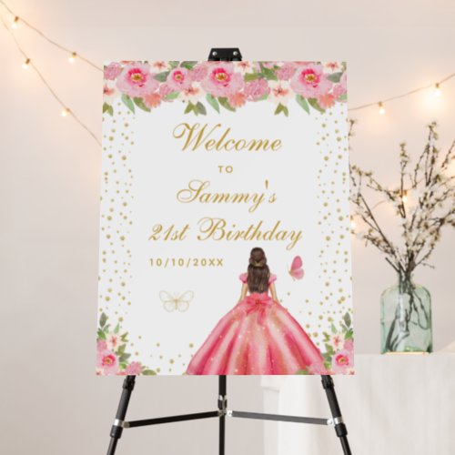 Pink Brunette Hair Girl Birthday Party Welcome Foam Board