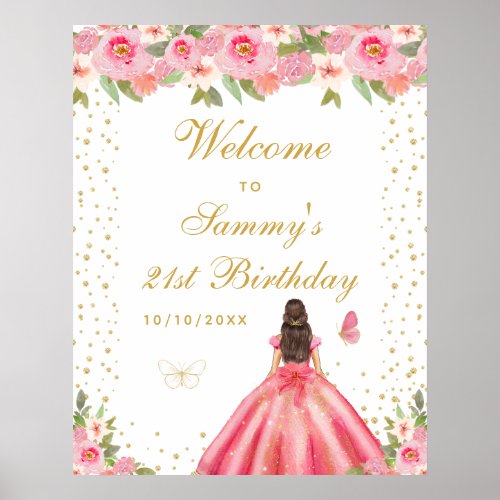 Pink Brunette Hair Girl Birthday Party Welcome Poster