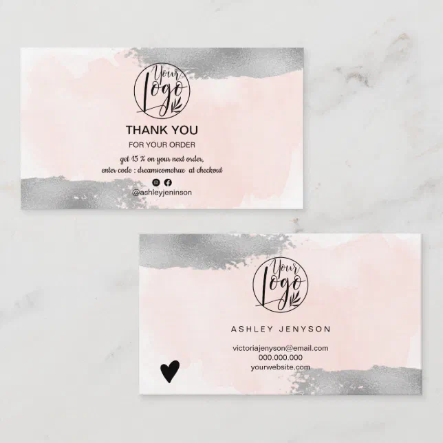 Pink brush silver brush logo order thank you business card | Zazzle