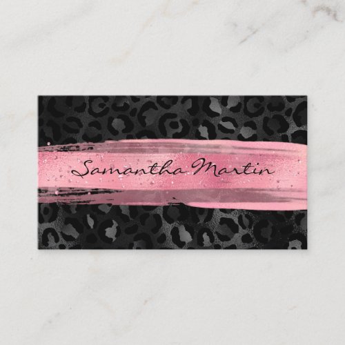 Pink Brush Stroke Black Foil Leopard Business Card