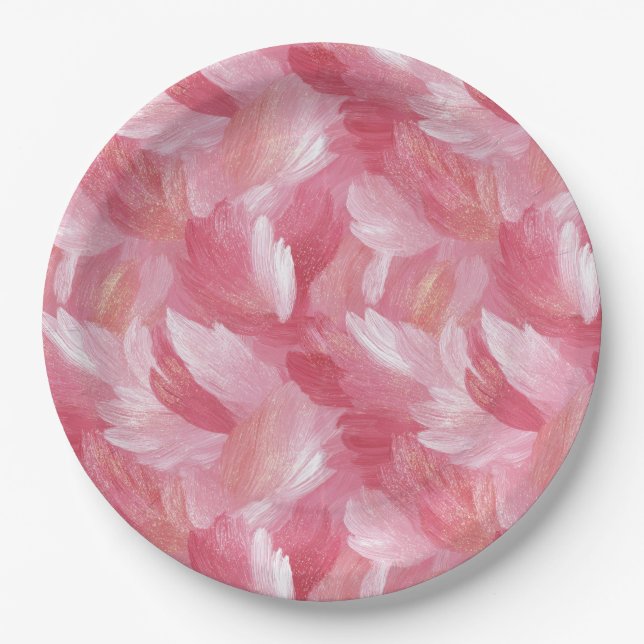 Pink Brush Stroke Glitter Abstract Pattern Paper Plates (Front)