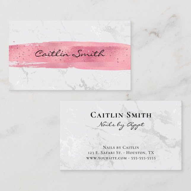 Pink Brush Stroke Silver White Foil Marble Business Card (Front/Back)