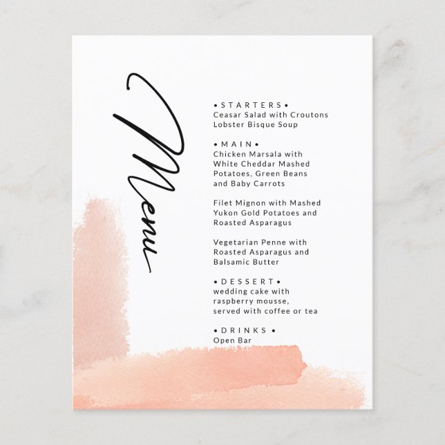Pink Brush Strokes. Simple modern wedding menu (Front)