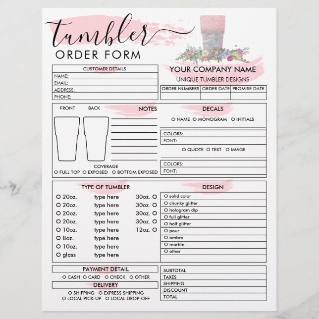 Pink Brush Tumbler Mug Cup Order Form Flyer (Front)