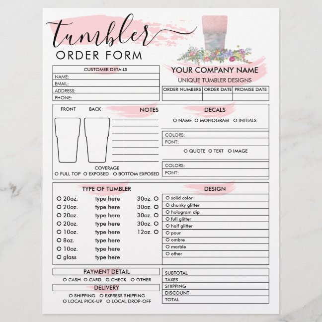 Pink Brush Tumbler Mug Cup Order Form Flyer