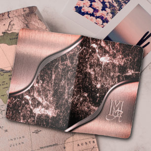 Pink brushed metal and metallic stone monogrammed passport holder