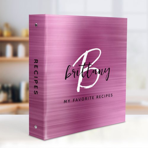 Pink Brushed Metal Black and White Monogram Recipe 3 Ring Binder
