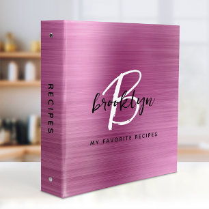 Pink Brushed Metal Black and White Monogram Recipe 3 Ring Binder