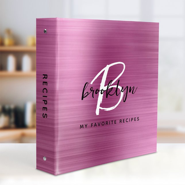 Pink Brushed Metal Black and White Monogram Recipe 3 Ring Binder (Creator Uploaded)