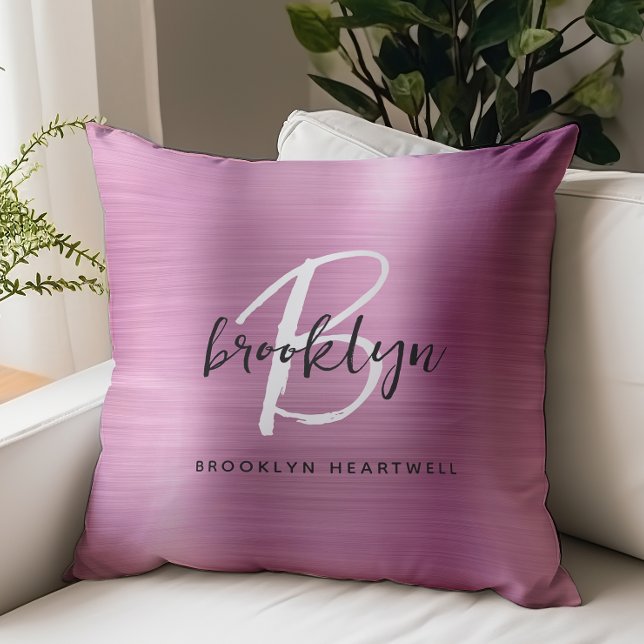 Pink Brushed Metal Black White Monogram Name Throw Pillow (Creator Uploaded)