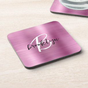 Pink Brushed Metal Black White Script Monogram Beverage Coaster