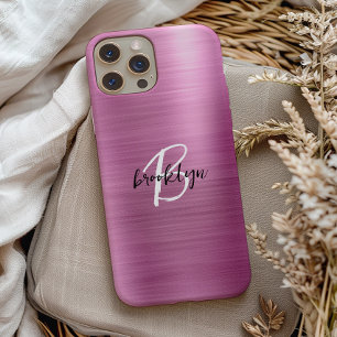 Pink Brushed Metal Black White Script Monogram iPhone 15 Case