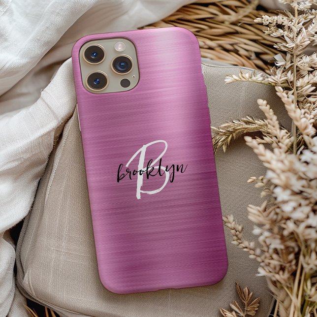 Pink Brushed Metal Black White Script Monogram  Case-Mate iPhone Case (Creator Uploaded)