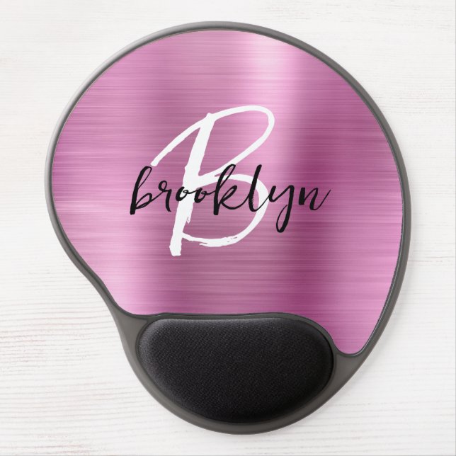 Pink Brushed Metal Black White Script Monogram  Gel Mouse Pad (Front)