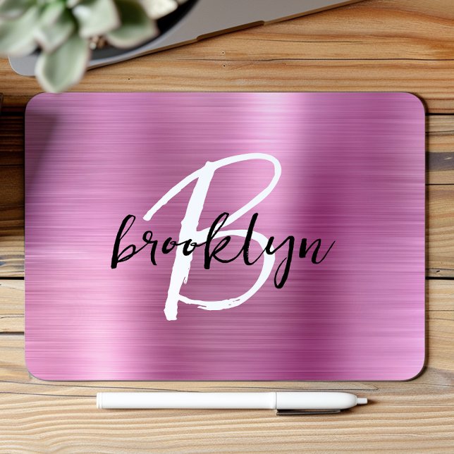 Pink Brushed Metal Black White Script Monogram  Mouse Pad (Creator Uploaded)