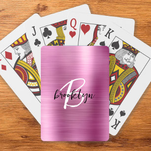Pink Brushed Metal Black White Script Monogram Poker Cards