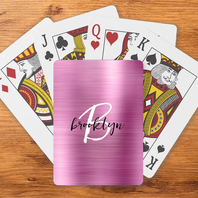 Pink Brushed Metal Black White Script Monogram  Poker Cards (Creator Uploaded)
