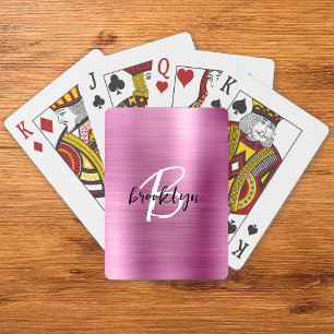 Pink Brushed Metal Black White Script Monogram Poker Cards