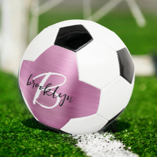 Pink Brushed Metal Black White Script Monogram Soccer Ball