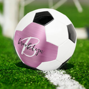Pink Brushed Metal Black White Script Monogram  Soccer Ball
