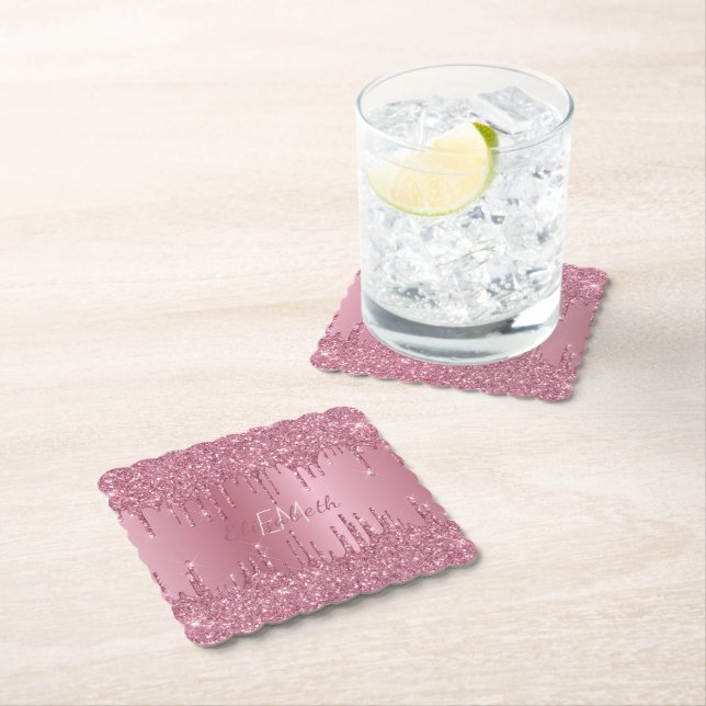 Pink Brushed Metal Glitter Drips Monogram Name Paper Coaster (Insitu)
