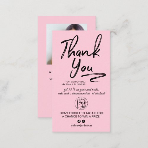 Pink brushed script photo logo order thank you business card