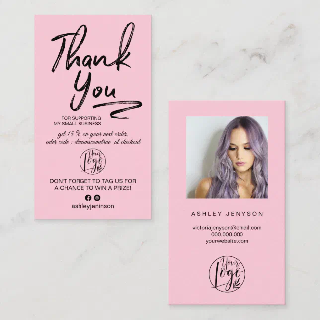 Pink brushed script photo logo order thank you business card | Zazzle