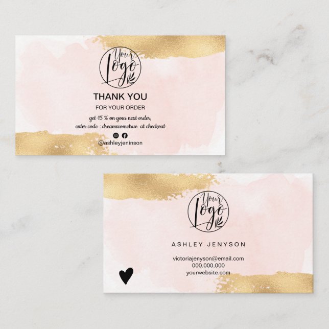 Pink brushstroke gold brush logo order thank you business card (Front/Back)