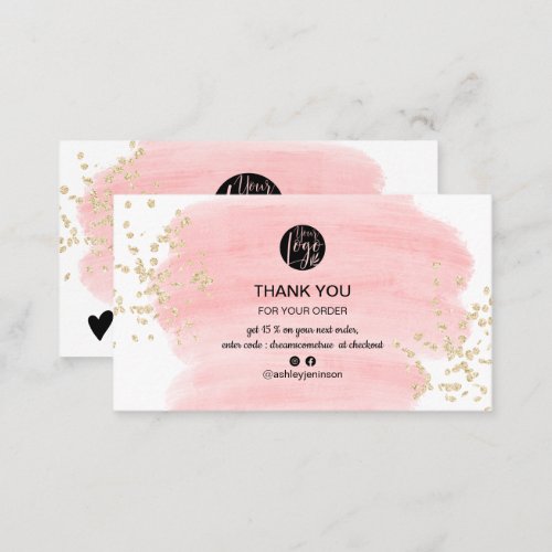 Pink brushstroke gold glitter logo order thank you business card