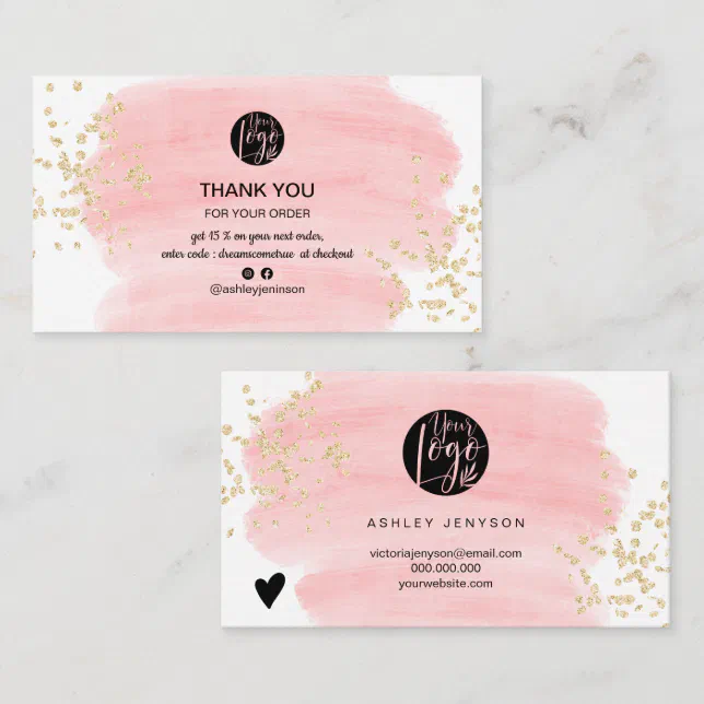 Pink brushstroke gold glitter logo order thank you business card | Zazzle