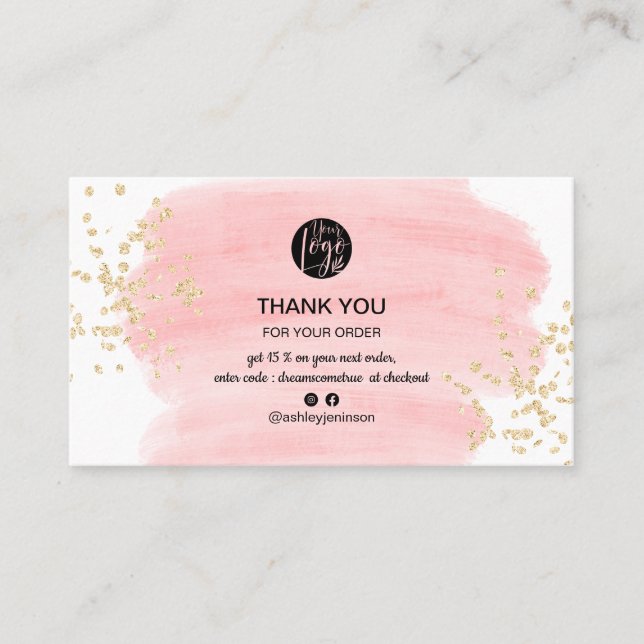 Pink brushstroke gold glitter logo order thank you business card (Front)