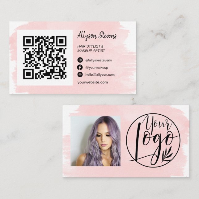 Pink brushstroke hair makeup photo qr code logo business card (Front/Back)
