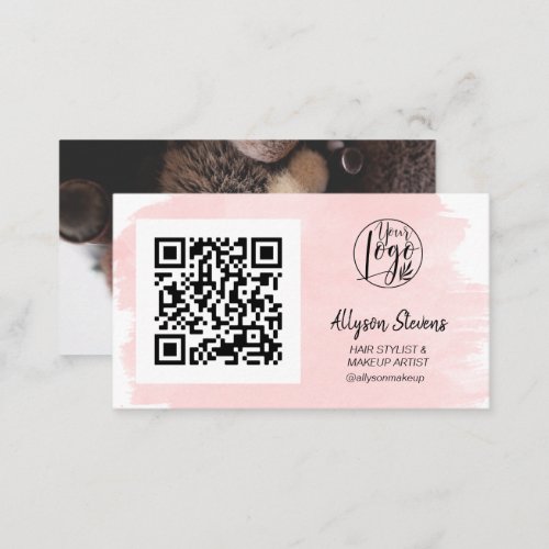 Pink brushstroke hair makeup photo qr code logo business card