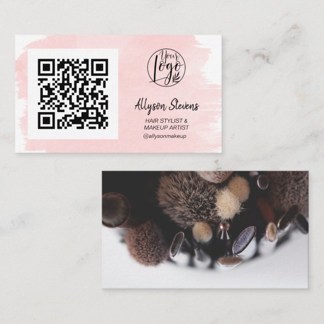 Pink brushstroke hair makeup photo qr code logo business card (Front/Back)