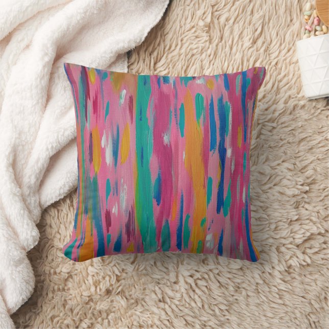 Pink Brushstrokes Abstract Print Throw Pillow (Blanket)