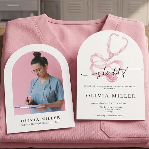 Pink BSN RN Nurse Arched Photo Graduation Party Invitation