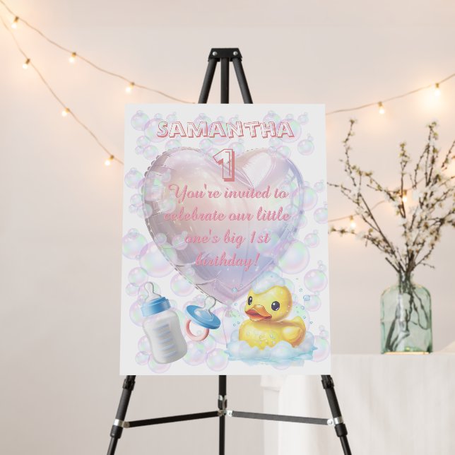 Pink Bubble Duck Birthday Display Foam Board (In Situ (Stand))