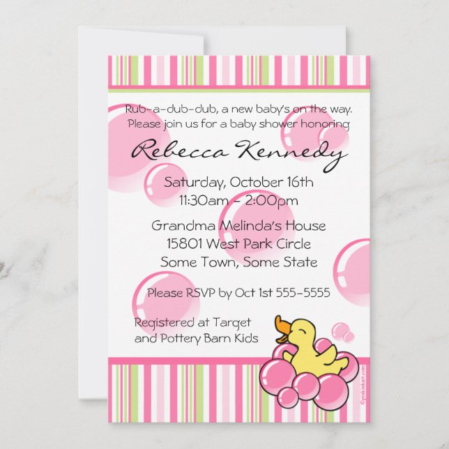 Pink Bubble Ducky Baby Shower Invitations (Front)