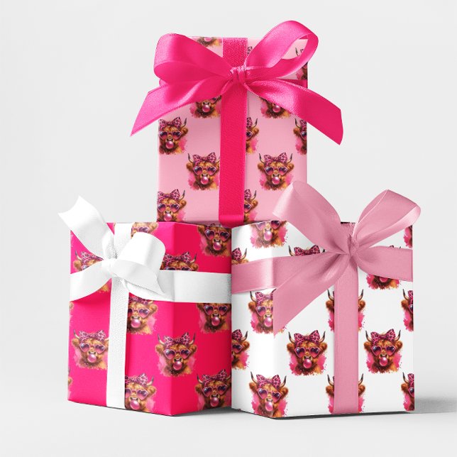 Pink Bubble Gum Highland Cow Multi Wrapping Paper Sheets (Pink Bubble Gum Bubble Highland Cow Gift Wrap
)