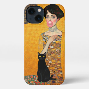 Pink Bubble Gum Lady with Black Cat Gustav Klimt iPhone 13 Case