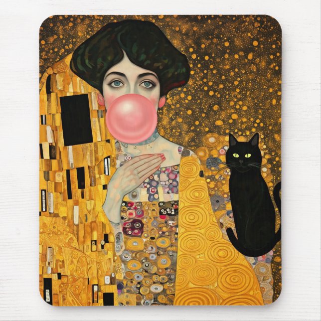 Pink Bubble Gum Lady with Black Cat Gustav Klimt Mouse Pad (Front)