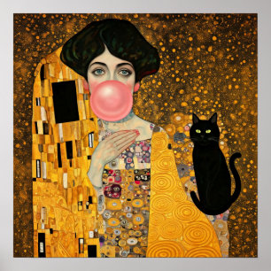 Pink Bubble Gum Lady with Black Cat Gustav Klimt Poster