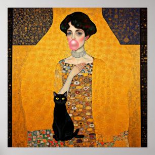 Pink Bubble Gum Lady with Black Cat Gustav Klimt Poster
