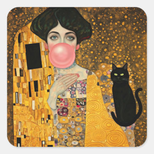 Pink Bubble Gum Lady with Black Cat Gustav Klimt Square Sticker