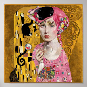 Pink Bubble Gum Lady with Gustav Klimt Cat Art Poster